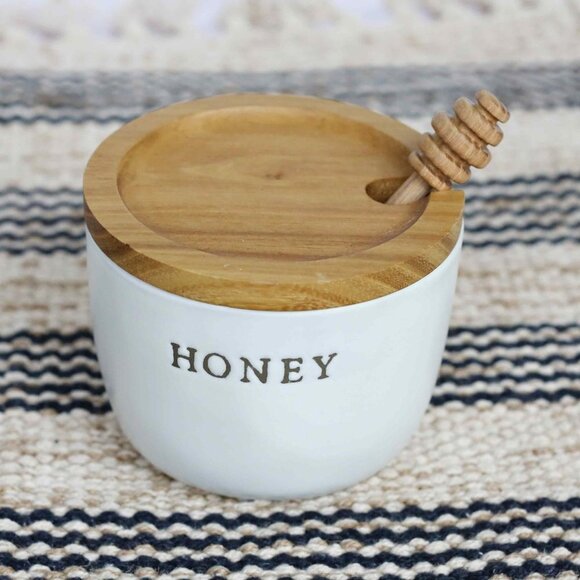 New!  Stoneware Honey Pot with Wood Lid & Dipper - Hearth & Hand with Magnolia - Picture 4 of 6